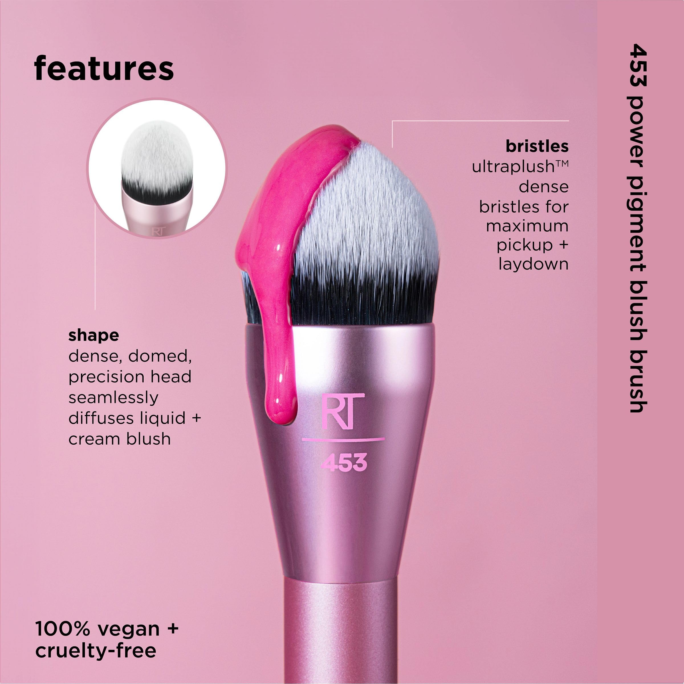 Real Techniques Power Pigment Blush Makeup Brush, Cheek Brush For Liquid & Cream Blush, Dense, Synthetic Bristles, Unique Pointed Shape For Precise Application, Vegan & Cruelty Free, 1 Count