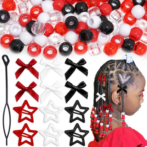Arocooy 112PCS Hair Beads for Braids Satin Mini Hair Bows Red Non Slip Star Hair Clip 3 Styles Loc Dreadlock Large Pony Beads Hair Accessories for Girls Kids