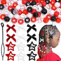 Arocooy 112PCS Hair Beads for Braids Satin Mini Hair Bows Red Non Slip Star Hair Clip 3 Styles Loc Dreadlock Large Pony Beads Hair Accessories for Girls Kids
