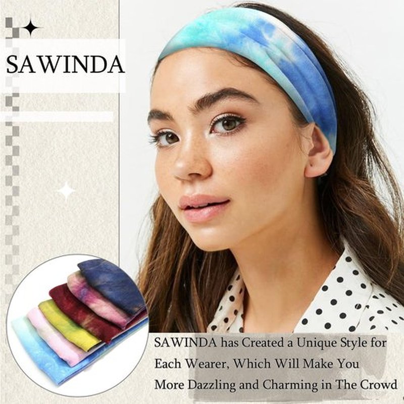 SAWINDA 6 Pack Boho Headbands for Women Tie Dye Short Head Bands for Women's Hair Elastic Twist Knotted Head Wraps Soft Fabric Head Bands Yoga Running Workout Bandanas Headbands Accessories