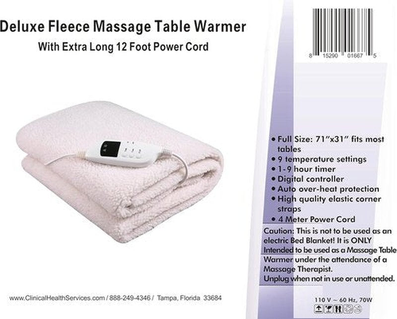 Deluxe Fleece Massage Table Warmer - 12-Foot Power Cord | Safe for Massage Tables, Max Temp 88°F