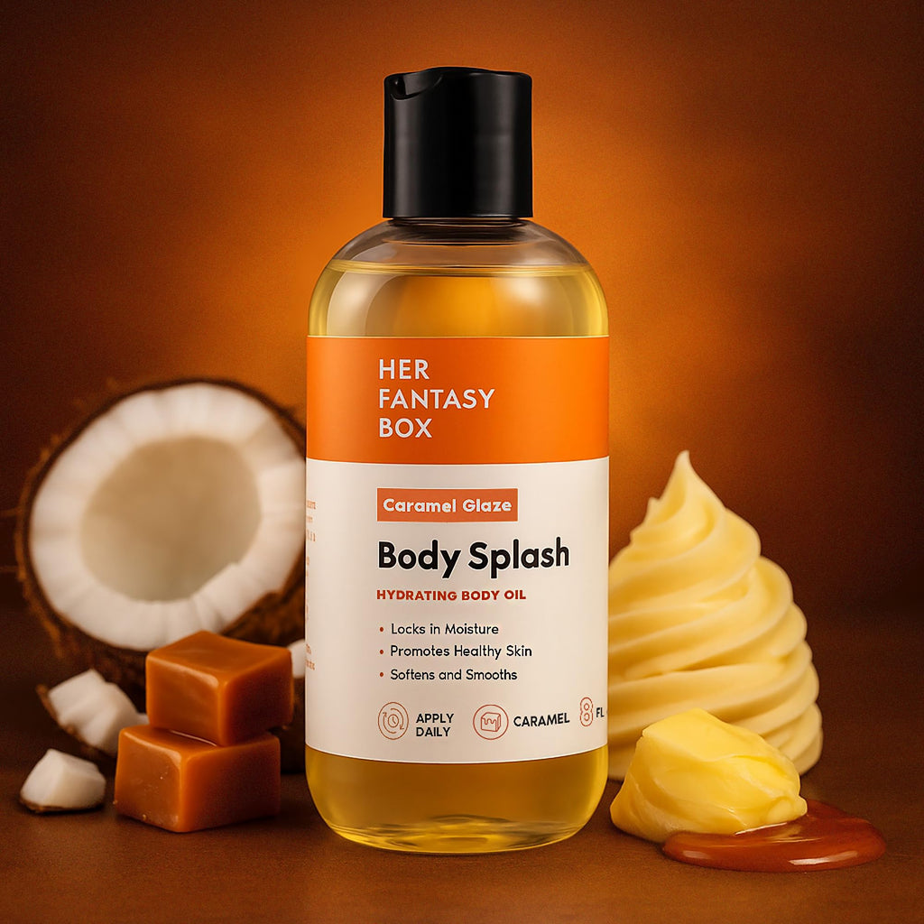 Her Fantasy Box | Body Splash Caramel Glaze Fragrance Oil – Warm Caramel & Vanilla Gourmand Scent, Lightweight Hydrating Body Oil, Vegan & Cruelty Free