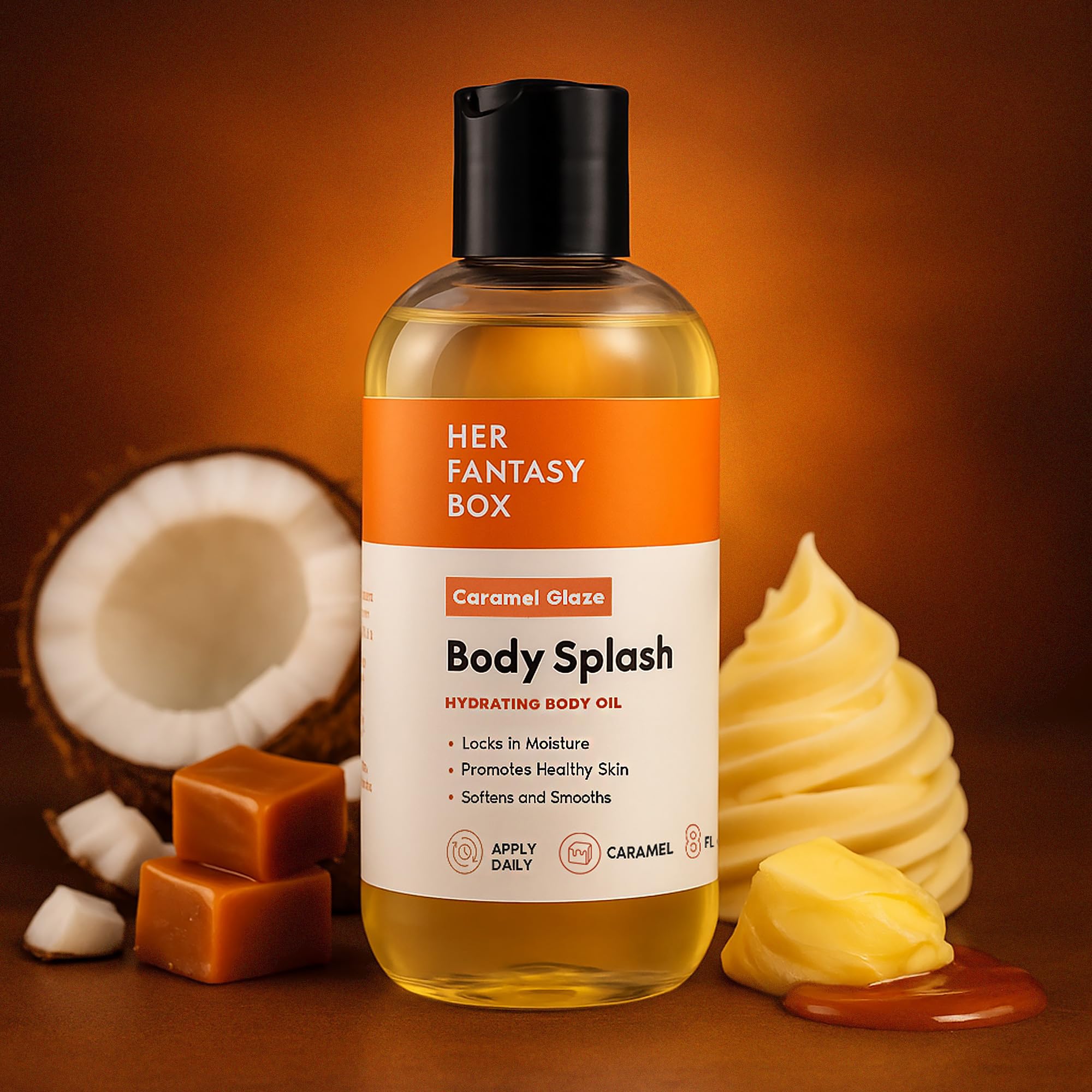 Her Fantasy Box | Body Splash Caramel Glaze Fragrance Oil – Warm Caramel & Vanilla Gourmand Scent, Lightweight Hydrating Body Oil, Vegan & Cruelty Free