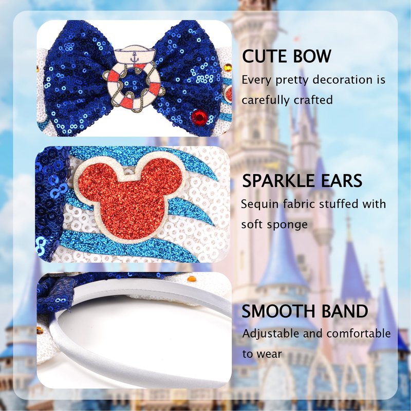 zhezesmila Cruise Ears Headband 2 Set Sequin Mouse Ears for Women Hair Accessories for Cruise Trip Costume Party Decoration