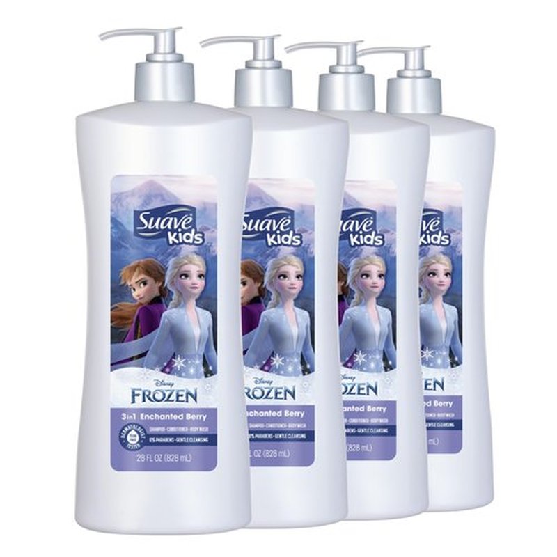 Suave Kids 3 in 1 Enchanted Berry Shampoo, Conditioner, & Body Wash,Dermatologist Tested and Tear-free 28 Oz, (Pack of 4) Packaging may vary
