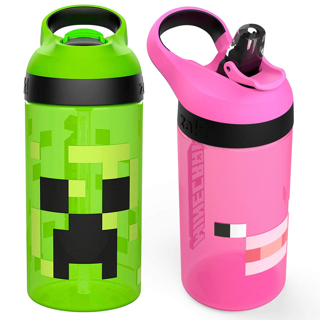 Zak Designs Atlantic Kids Water Bottle For School or Travel, 16oz Durable Plastic Water Bottle With Straw, Handle, and Leak-Proof, Pop-Up Spout Cover, 2-Pack (Zaksaurus and Safari)