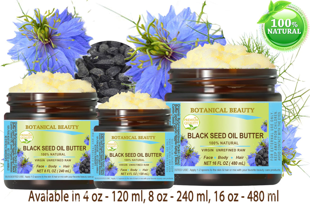 Botanical Beauty BLACK SEED OIL BUTTER 100% Natural Pure Virgin Unrefined Raw for FACE, SKIN, BODY, HAIR, NAILS, DRY SKIN. Organic Black Seed Oil, Shea Nut Butter, Vitamin E, Beeswax. 4 Fl oz 120 ml