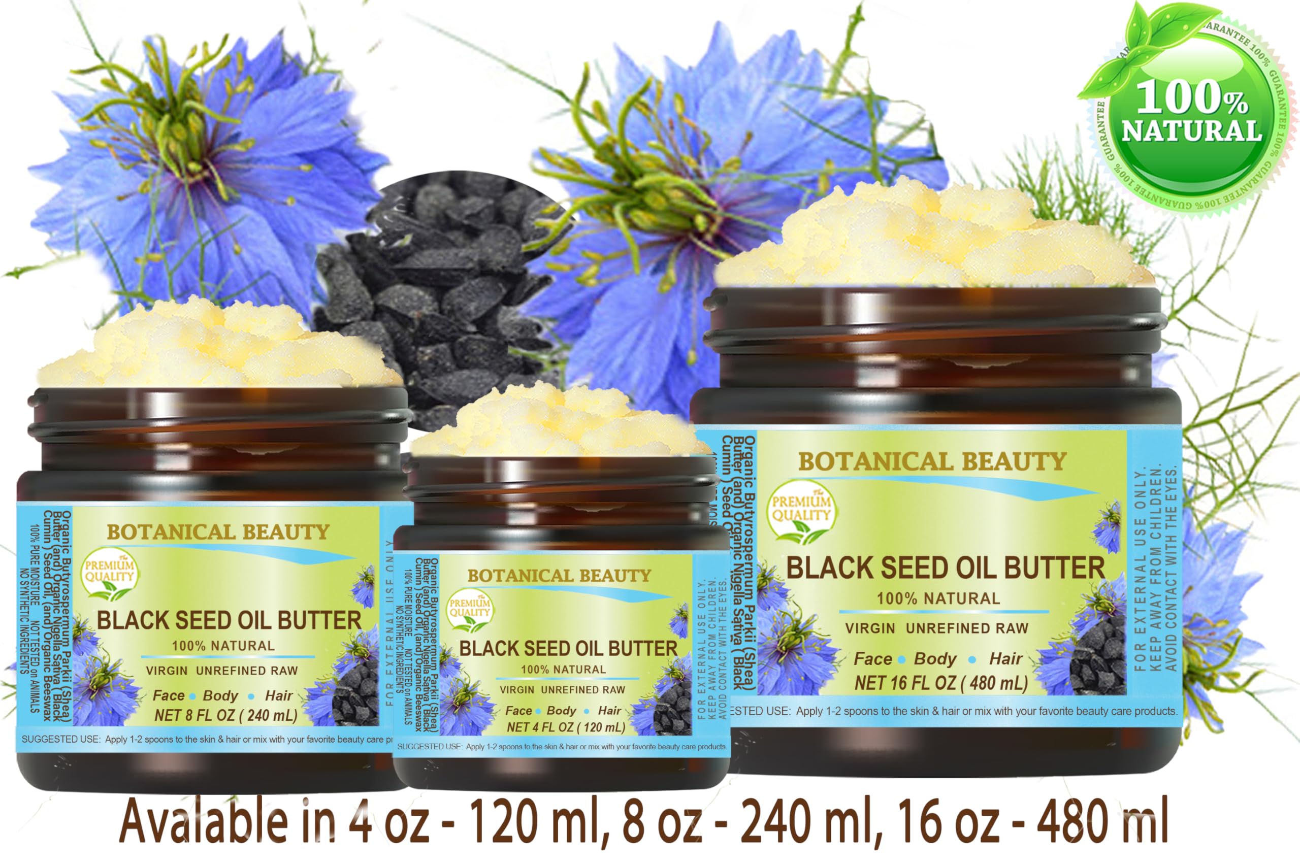 Botanical Beauty BLACK SEED OIL BUTTER 100% Natural Pure Virgin Unrefined Raw for FACE, SKIN, BODY, HAIR, NAILS, DRY SKIN. Organic Black Seed Oil, Shea Nut Butter, Vitamin E, Beeswax. 4 Fl oz 120 ml