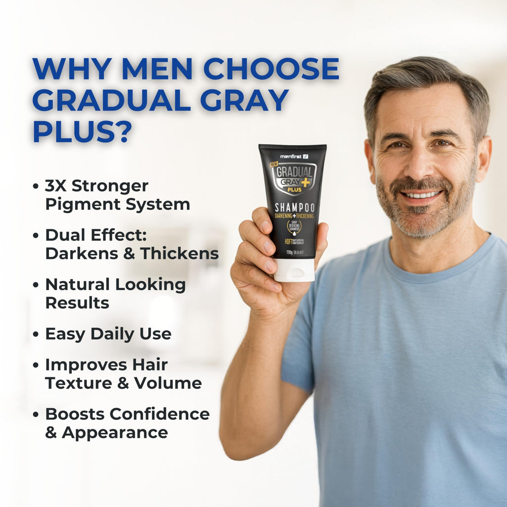 MENFIRST Gradual Gray PLUS Hair Dye Shampoo for Men - Gradual Gray Darkening Shampoo - Grey Reducing Mens Shampoo with 2X Pigment - Just 3 Min Application - 4.6 oz