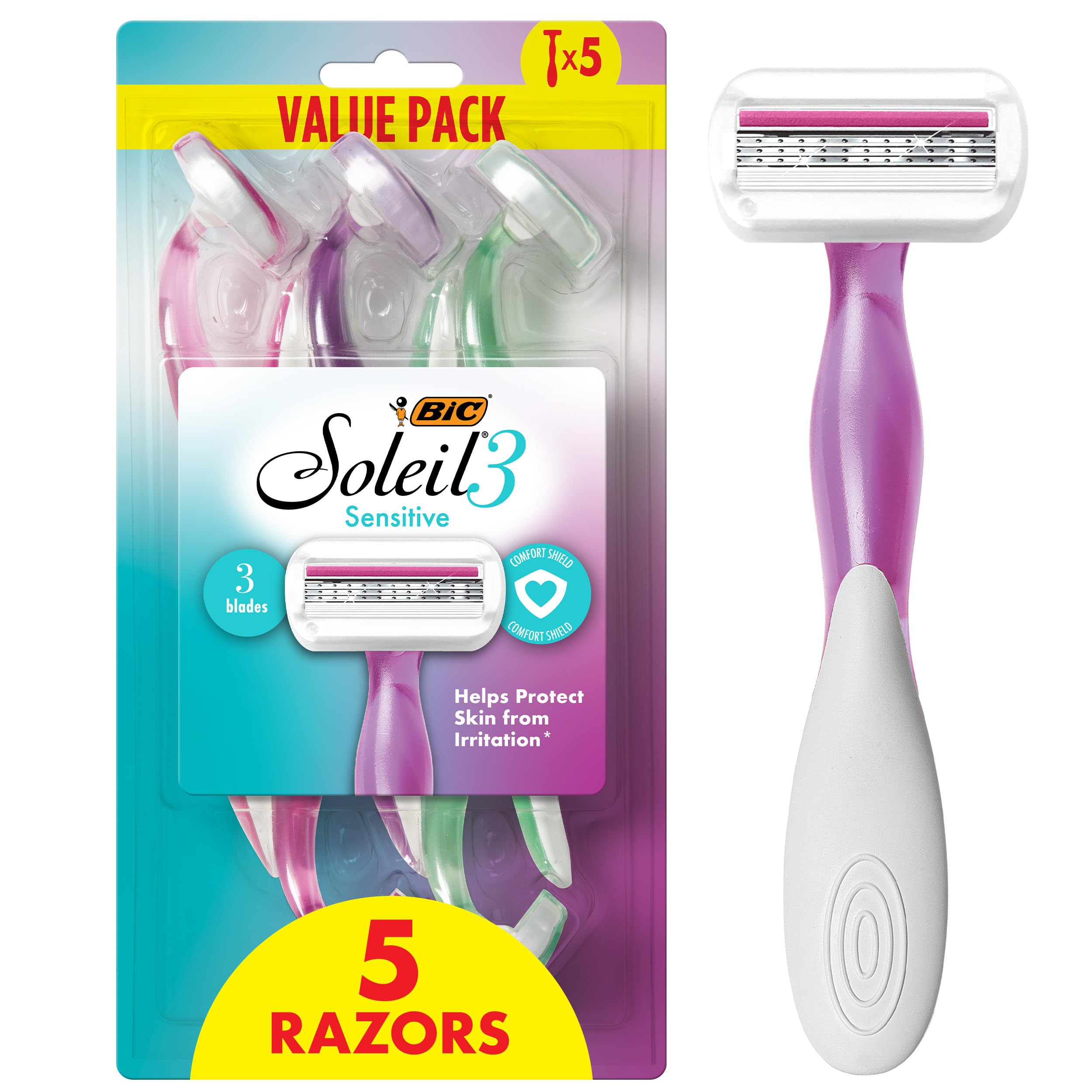 BIC Soleil 3 Sensitive Womens Disposable Razors, 5-Pack, Triple Blade