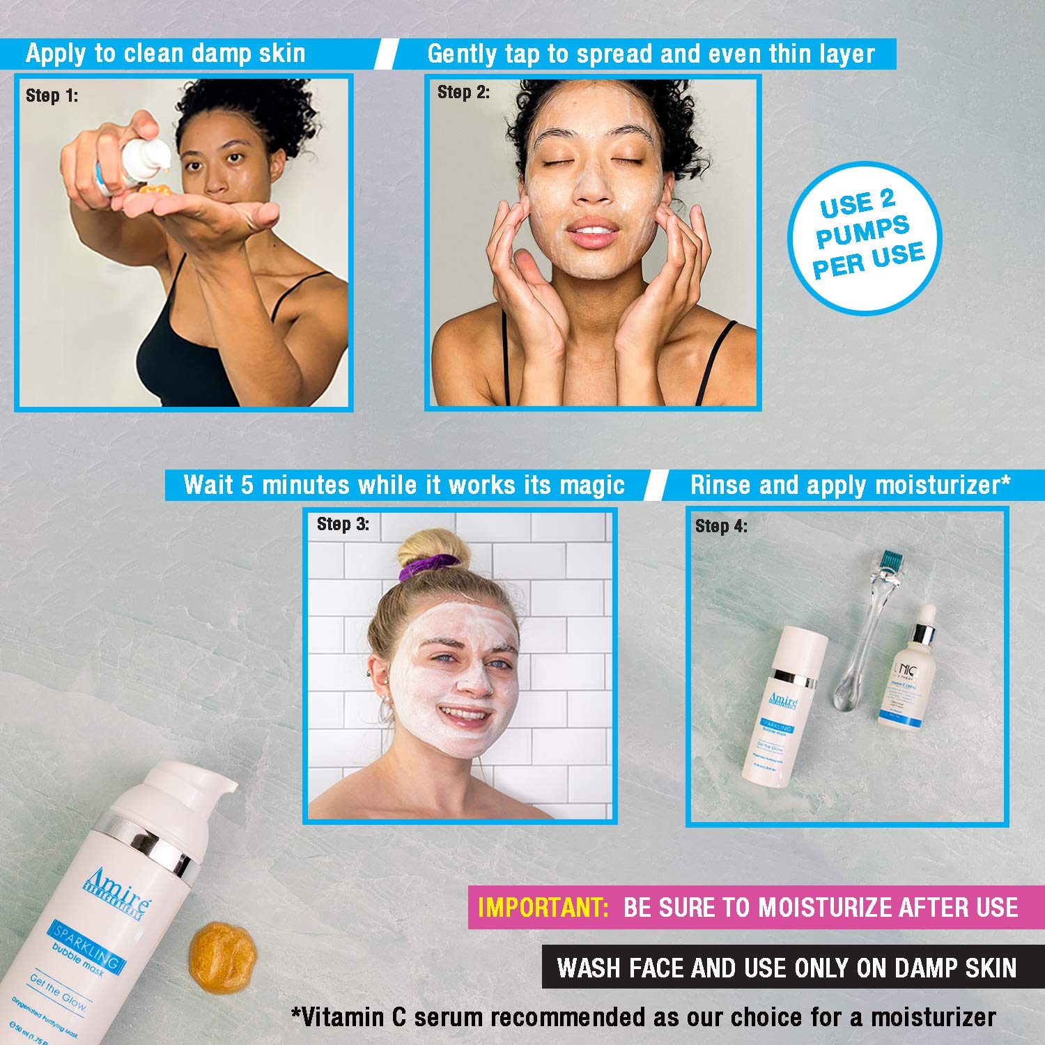 Amire Sparkling Bubble Face Mask. 30 Uses Per Container. Oxygenated Purifying Mask to Tighten Pores, Remove Blackheads, and Brighten Skin. Also Known as a Champagne Firming Facial Mask.