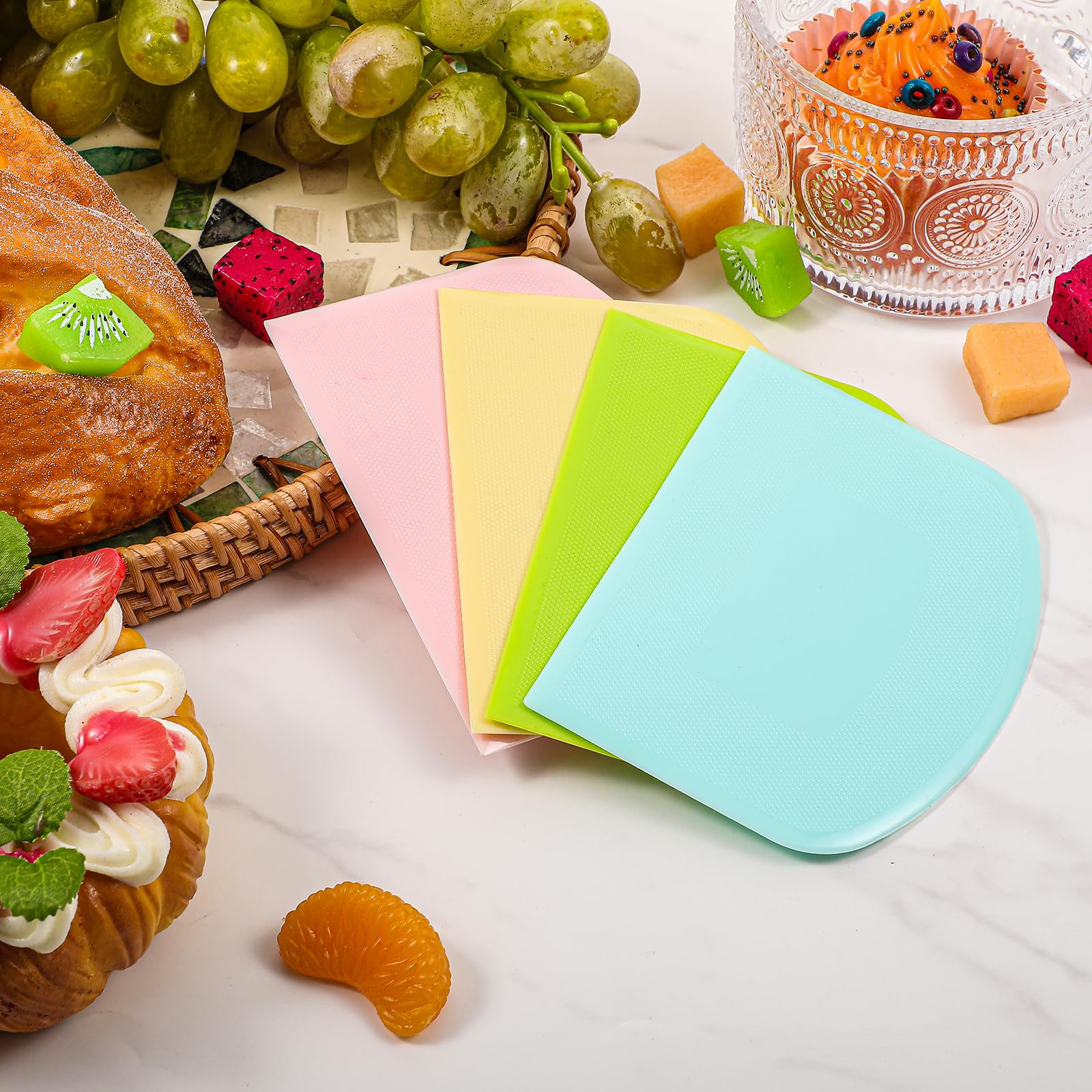 24 Pcs Bench Scraper Dough Scraper for Baking, BPA Free PE Flexible Bowl Scrapers, Food-Safe Plastic Dough Cutter Tool for Bread Cake Fondant Icing (Light Blue, Green, Yellow, Pink)