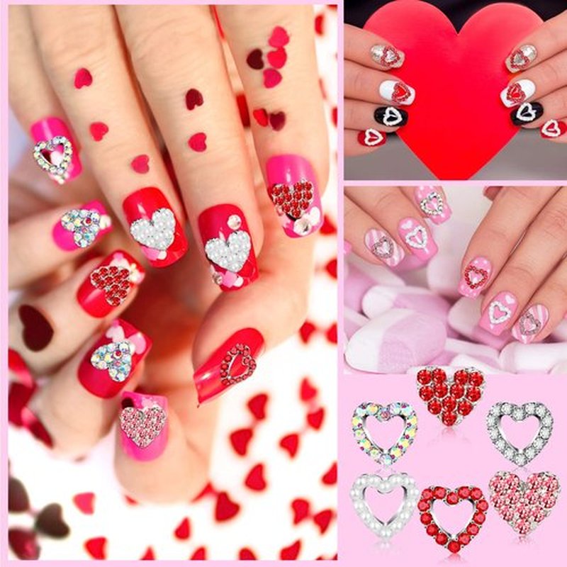 Sadnyy 100 Pcs Valentine Heart Nail Charms for Nail Art, 3D Heart Rhinestone Decals Silver Crystal Charms Diamond Alloy Gems for Women Valentine's Decorations(Elegant)