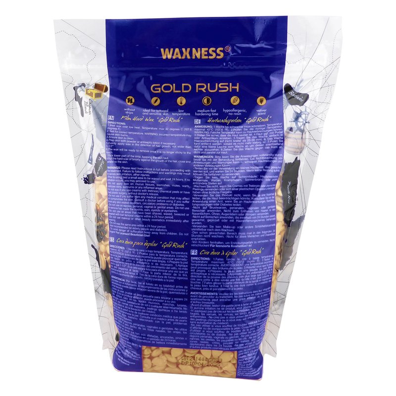 Waxness Premium Gold Rush Hard Wax Beads 1.65 lb (750 g) – Rosin-Free Hypoallergenic Hard Wax for Sensitive Skin, Low Temperature Stripless Wax, Professional Use – Made in Italy