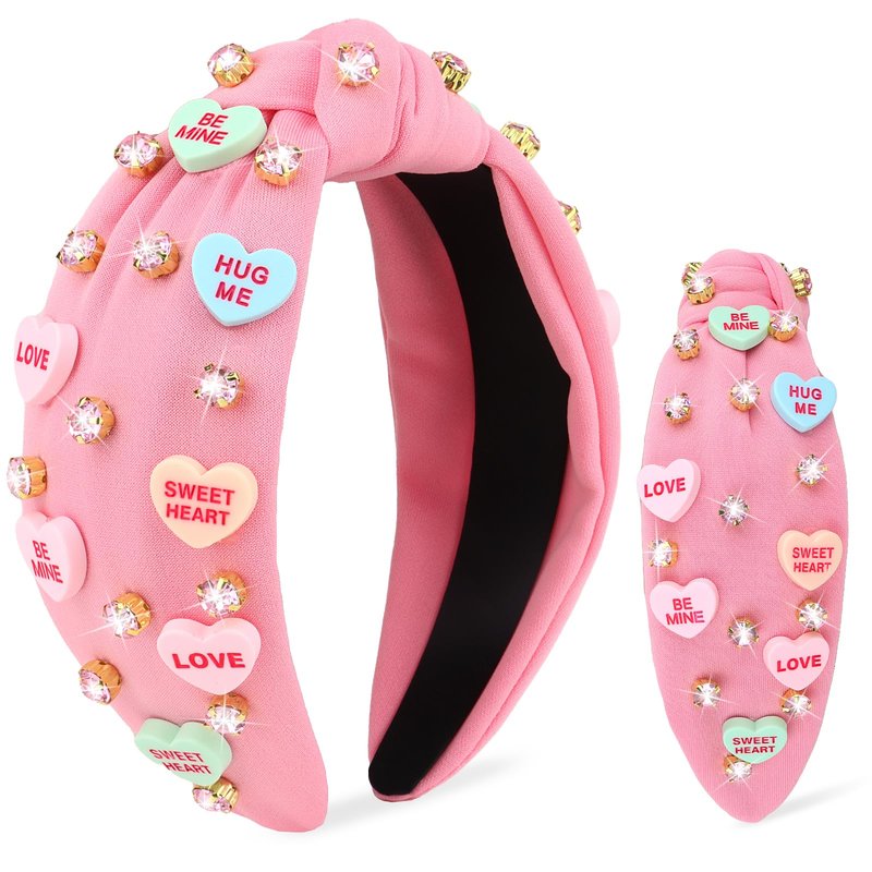 YARIEW Valentines Day Headbands for Women Love Sweet Heart Headband Pink Rhinestone Knotted Headband for Women Valentine Day Decorations Fashion Headband Hair Accessories