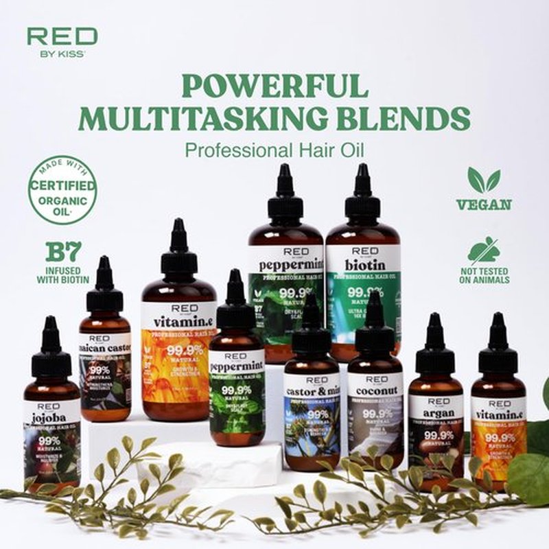 Red by Kiss Hair Oil Treatment, 99.9% Natural Organic Vegan Oil Blend, Biotin Infused, 7.78 Fl Oz, Supports Hair Growth & Healthy, Shiny, Smooth Hair