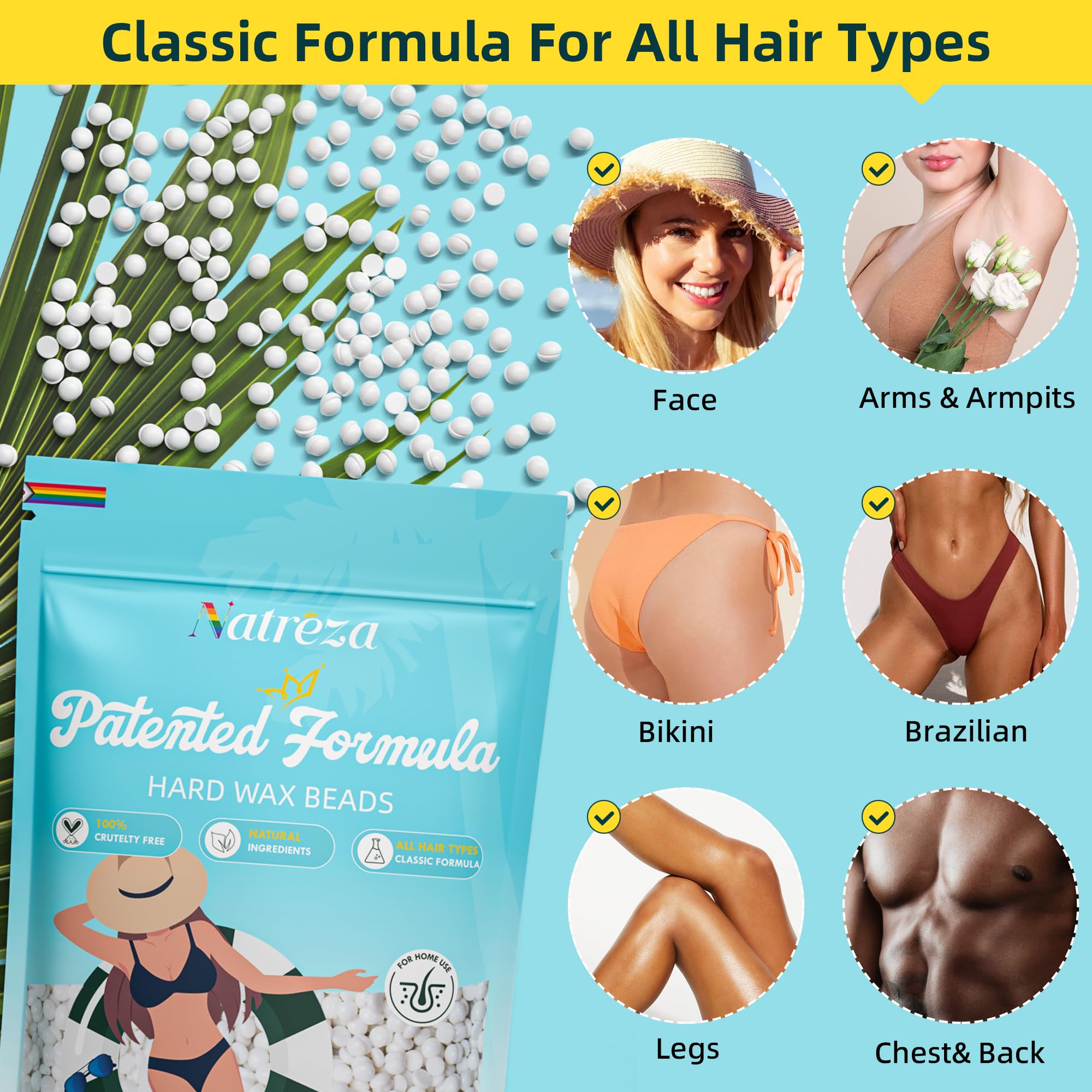 Natreza Hair Removal Wax Beads-1lb, Unscented White Hard Wax Beads for Sensitive Skin, Full Body Waxing, Ideal for All Hair Types, Bikini, Legs, Brazilian, Salon Quality
