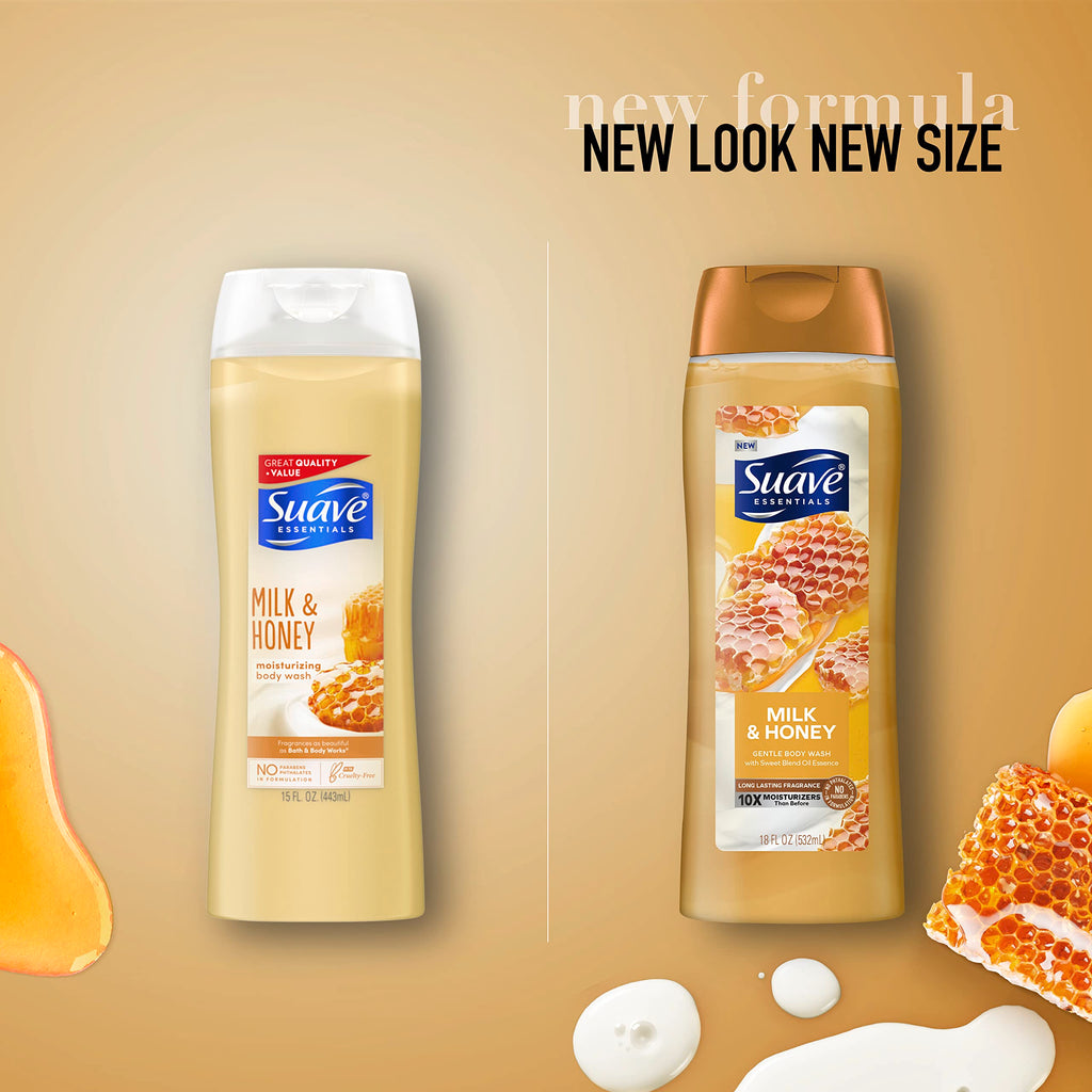 Suave Essentials Gentle Body Wash, With a Sweet Oil Blend Essence, Milk & Honey Infused with Vitamin E & Honey Extract 18 oz