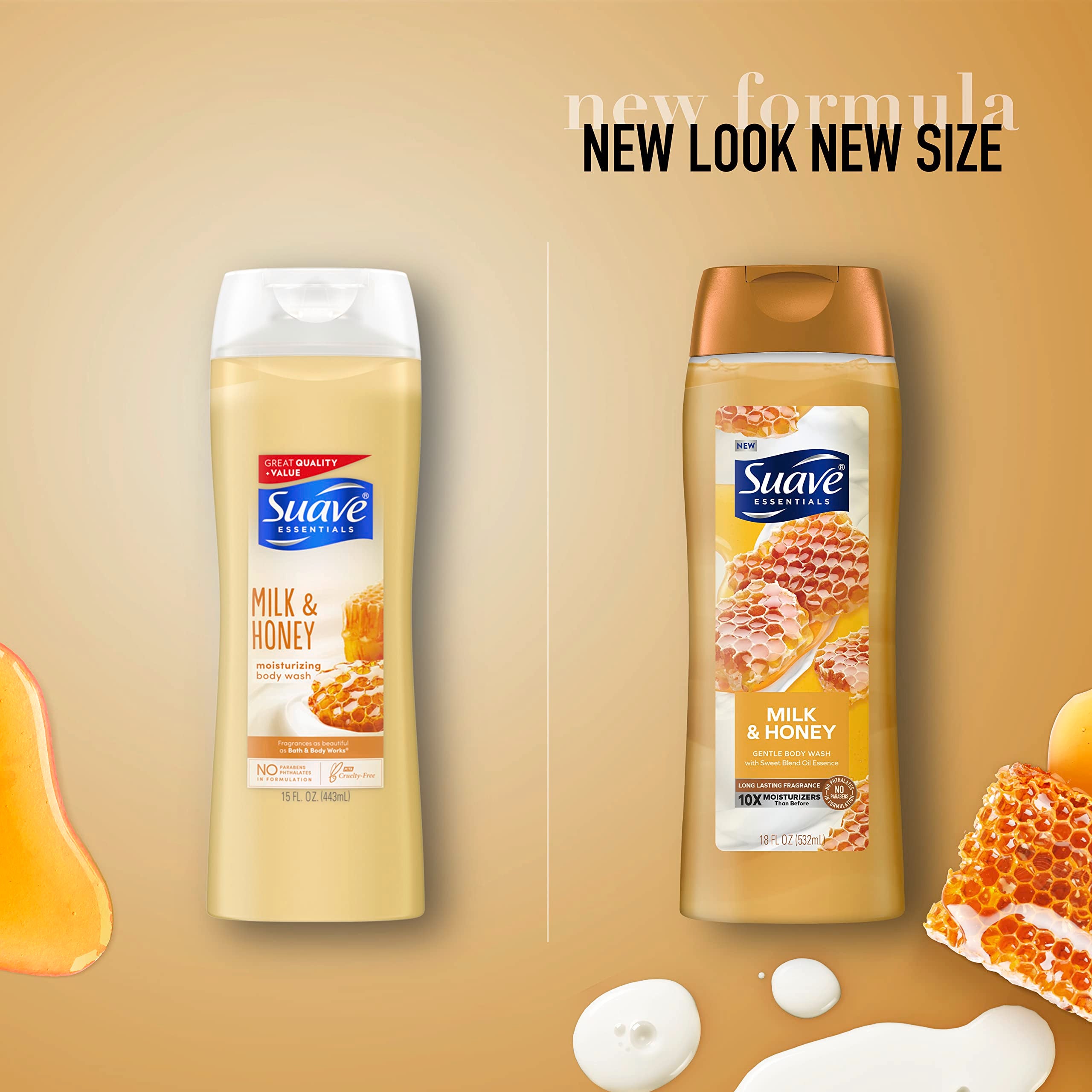 Suave Essentials Gentle Body Wash, With a Sweet Oil Blend Essence, Milk & Honey Infused with Vitamin E & Honey Extract 18 oz