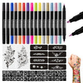 Oiomniv Temporary Tattoo Markers, 15PCS Body Markers Dual-End for Teens Adults, 62 Tattoo Stencils Temporary Tattoos Stickers, Glitter Matte Neon Tattoo Pens, Flexible Brush Tip, Skin Safe
