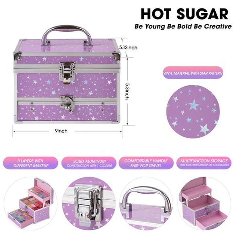 Hot Sugar Makeup Kit for Teens with Train Case, Portable Beginner Makeup Gift Set, Makeup Beauty Kit for Girls (Purple)
