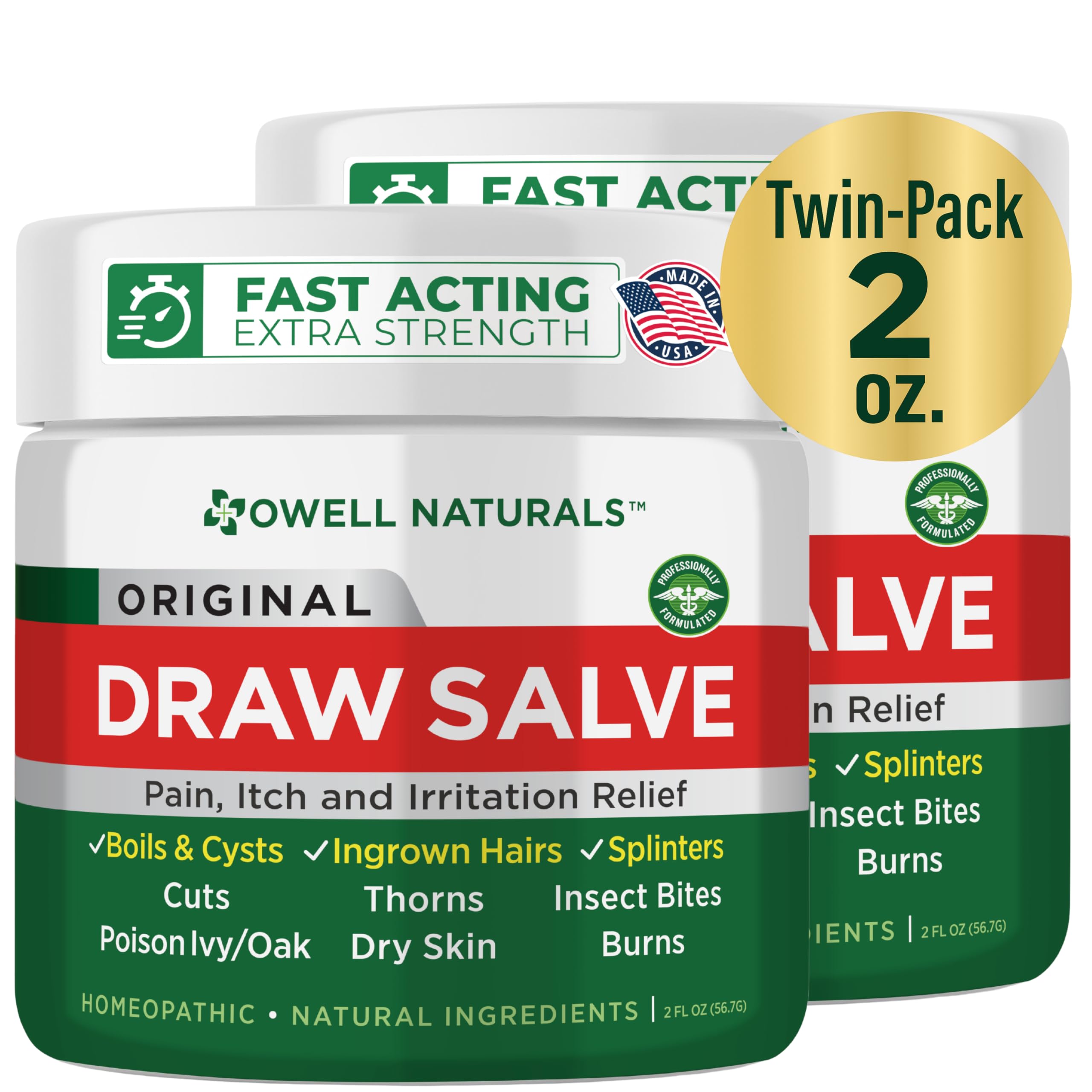 OWELL NATURALS Drawing Salve Ointment for Boil & Cyst Removal, Deep Ingrown Hair, Splinter Remover, Bug Spider Bites, Bee Sting, Mosquito Itching, Poison Ivy, 2 fl Oz (Pack of 2)