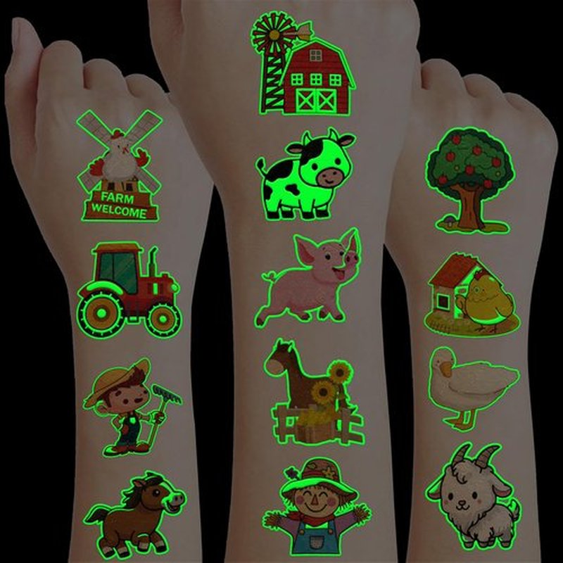 96 PCS Farm Barnyard Animal Glow In The Dark Pre-Cut Temporary Tattoos Sticker 1st First 2nd Birthday Decorations Party Favors Supplies Gift Boy Girl Farmhouse Tattoo School Reward Themed (Luminous)