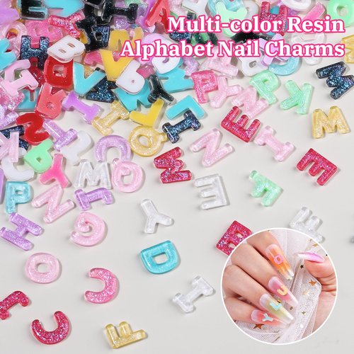 800PCS Letter Nail Art Charms and Half Pearls, Kawaii 3D Alphabet Nail Rhinestones Candy Flatback Resin Charms Glitter Design Decoden Charms for Nails Crafts Nail Decoration Accessories Women DIY