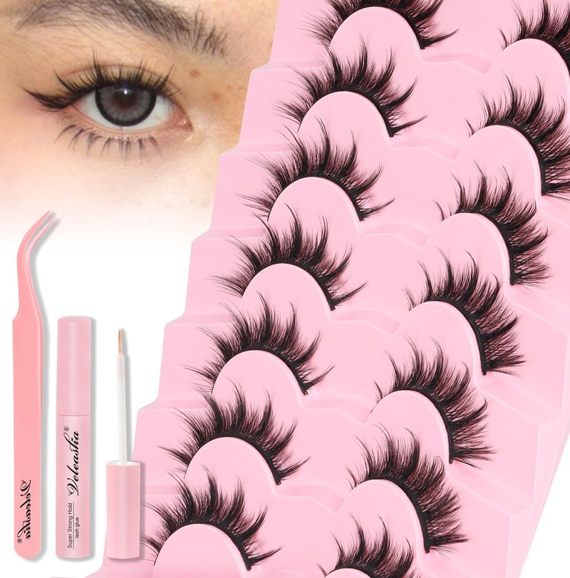 Veleasha Lashes Kit Manga Eyelashes Cat Eye Lashes Spiky Eyelash C Curl with Lash Glue & Tweezers Lash Wispy Natural Look False Eyelashes with Soft Cotton Band 7 Pairs Pack (Sunny Kit)