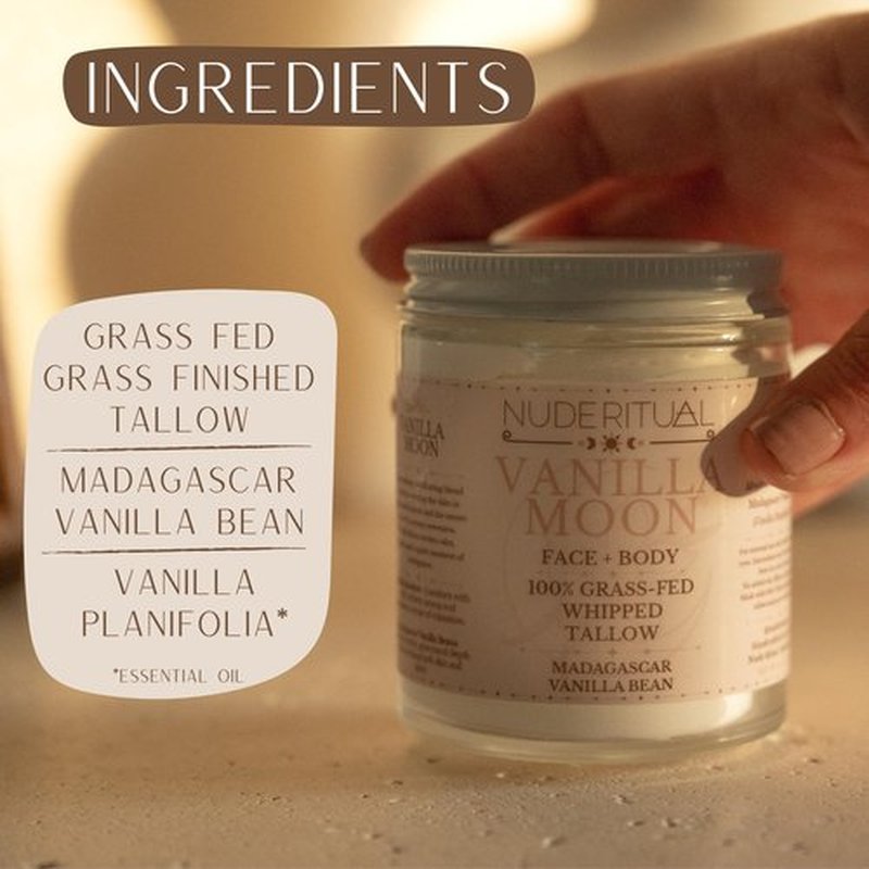 Nude Ritual Whipped Tallow Balm – 100% Grass-Fed Face & Body Cream Moisturizer – Natural Skincare for Dry & Sensitive Skin – 4 oz (Vanilla Moon – Madagascar Vanilla Bean)