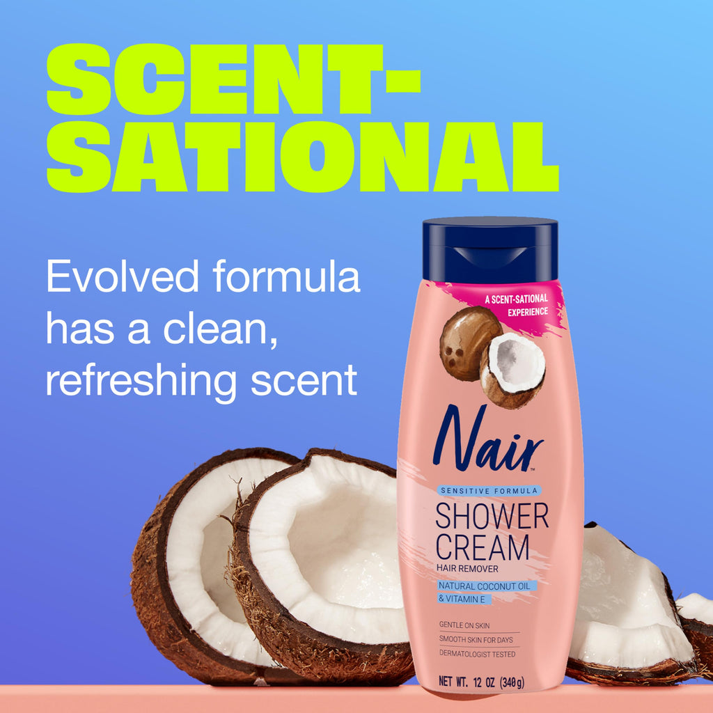 Nair Sensitive Shower Cream Hair Remover with Natural Coconut Oil and Vitamin E, Body Hair Removal Cream for Women, 12 oz
