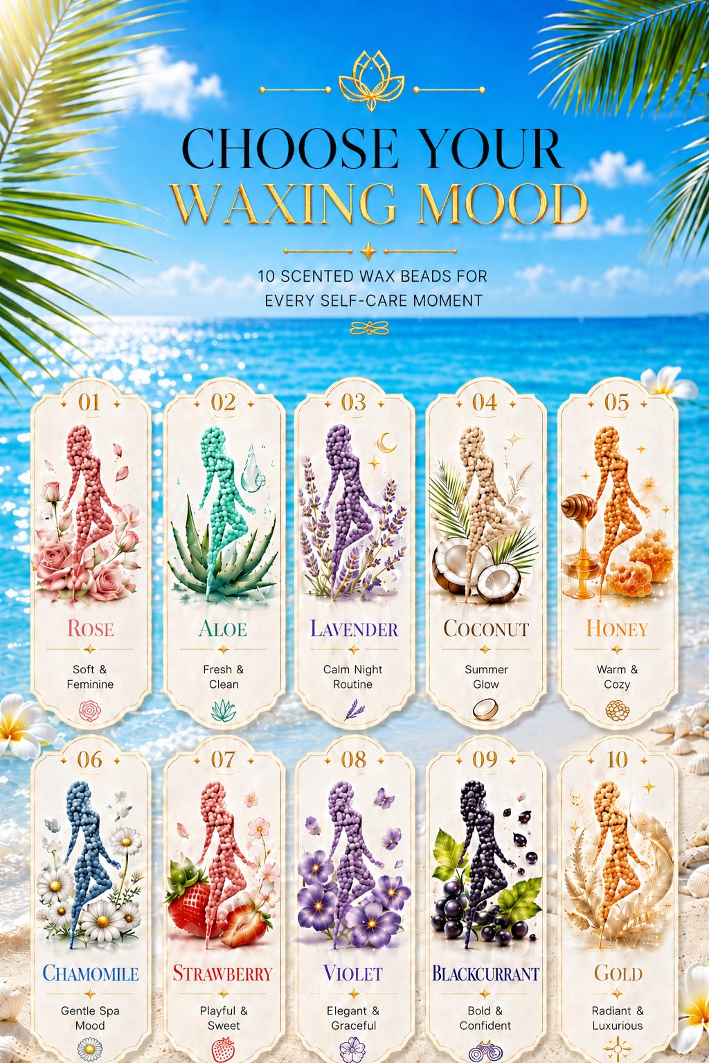 Hair Removal Wax Beads 2.2lb (1000g), Waxing for Whole Body, Painless Hair Removal Waxing for Women and Men, 10 Flavours, Contains 20 Wax Sticks