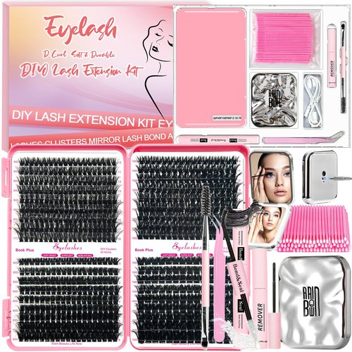 Qiveaory DIY Lash Clusters Kit with 630pcs Lashes Clusters,1X/2X Magnification Compact Mirror with Light,Lash Bond and Seal,Eyelash Remover Tweezers Applicator Mascara Brush(60-80-100-150D)