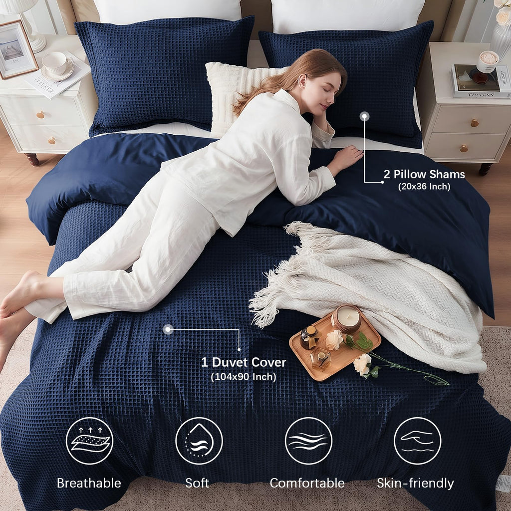 Easthome Waffle Weave Cotton Duvet Cover King Size - 100% Cotton Duvet Cover Set for All Season, Textured PureWoven Breathable Bedding Sets 3 Pcs with 2 Pillow Shams, Zipper, 4 Conner Ties,Navy Blue