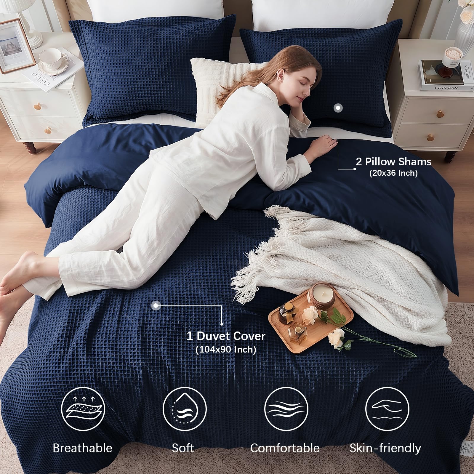 Easthome Waffle Weave Cotton Duvet Cover King Size - 100% Cotton Duvet Cover Set for All Season, Textured PureWoven Breathable Bedding Sets 3 Pcs with 2 Pillow Shams, Zipper, 4 Conner Ties,Navy Blue