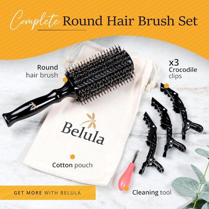 Belula Boar Bristle Round Hair Brush - 2.7” Wooden Barrel for Volume & Body | Includes 3 Hair Clips & Travel Bag