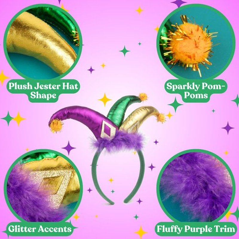 Needzo Mardi Gras Headband, Purple Green and Gold Carnival Custume Accessory, Jester Hairband for Themed Party, One Size Fits Most (Jester)