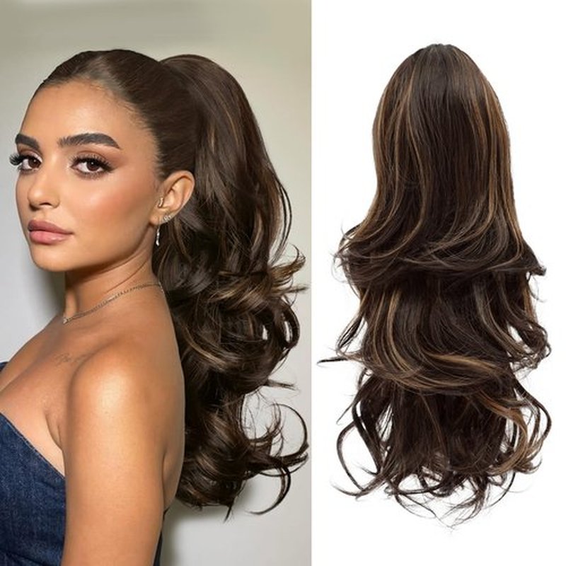 MOCA HAIR Ponytail Extension,Dark Brown Mixed Chestnut 18 Inch Claw Clip Ponytail Extension, Soft Wavy Curly Clip on Ponytails for Women Heat Resistant Synthetic Hairpiece for Daily Use