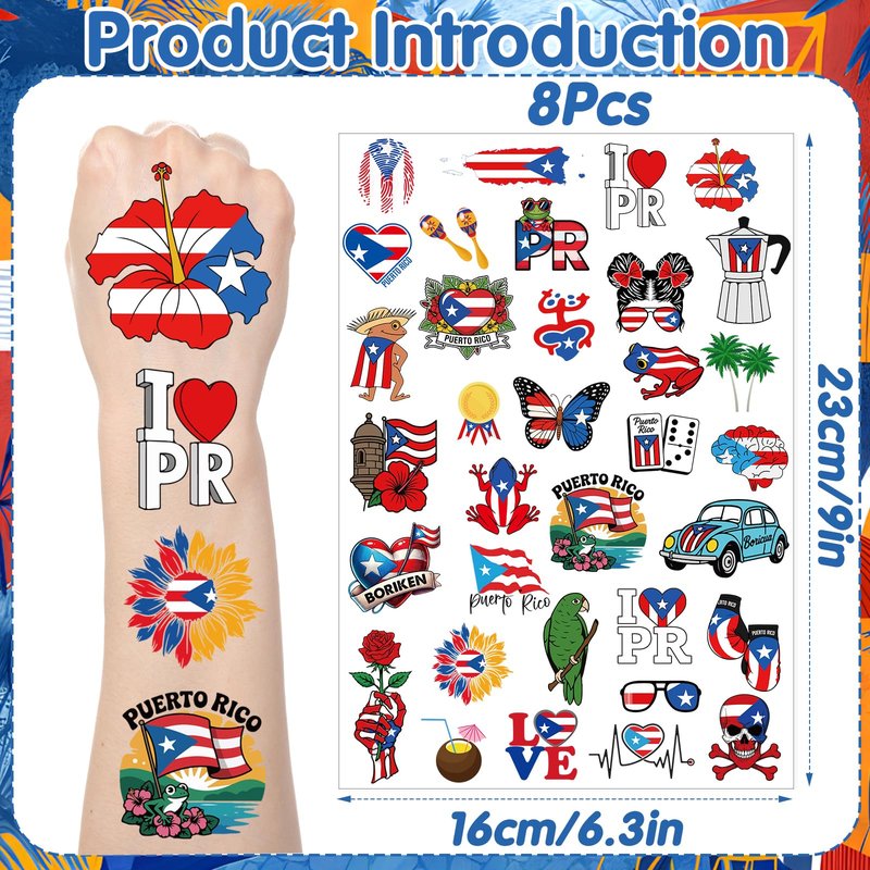 Yoyuspy Puerto Rico Tattoo Stickers - 200+ Puerto Rico Party Decorations Favors Supplies, Pr Puerto Rican Tattoo Stickers Gifts, Puerto Rican Birthday Decor Gifts for Women Men