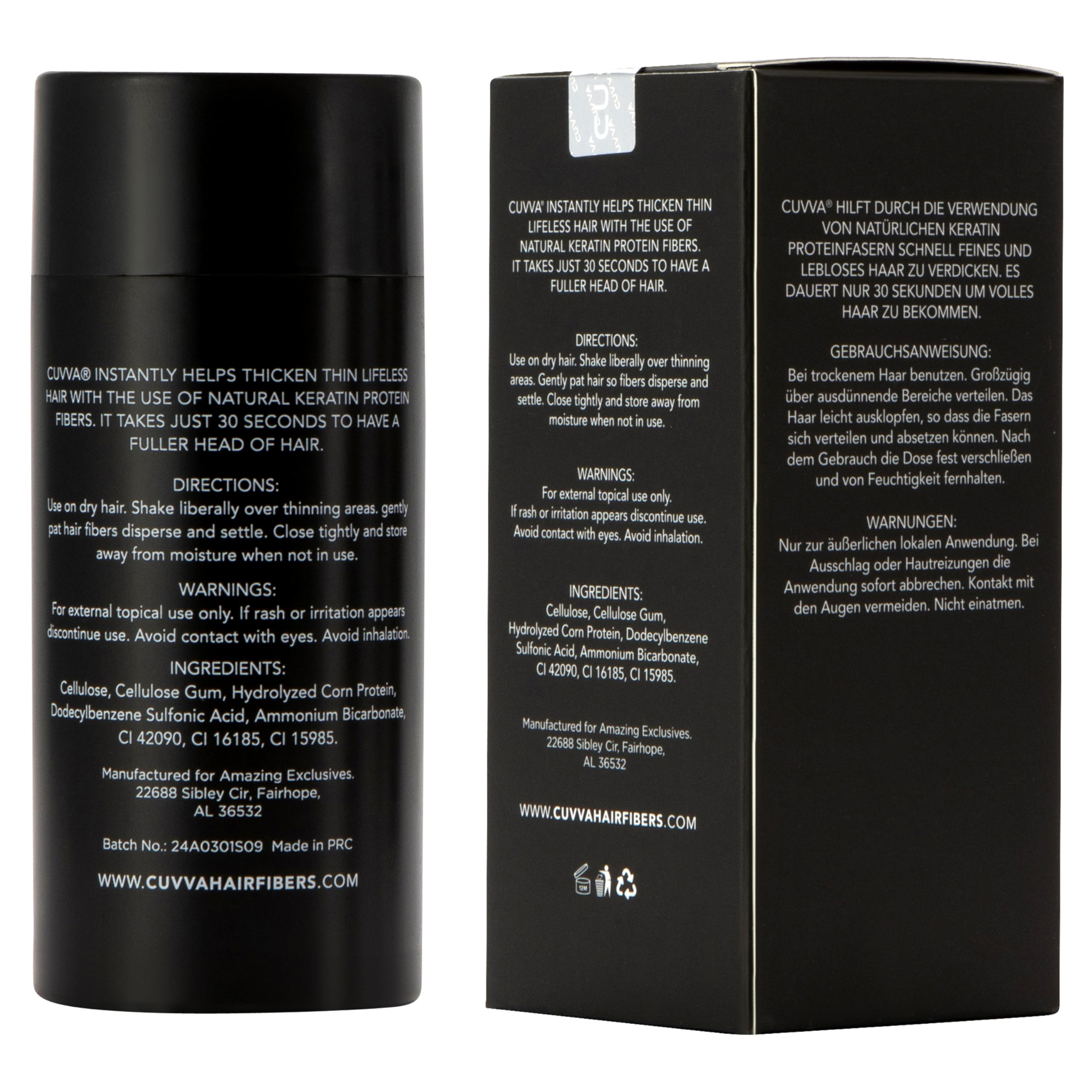 CUVVA Hair Building Fibers (30g) - Instantly Fill in Fine and Thinning Hair to Create a Thicker, Fuller Look - 14 Different Shades for Men & Women - Black