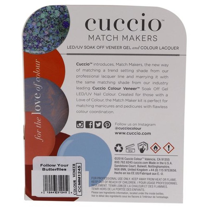 Cuccio Matchmaker - Colour Nail Lacquer & Veneer Gel Polish - For Manicures/Pedicures, Full Coverage - Long Lasting - Cruelty, Formaldehyde & Toluene Free - 0.43 oz, Follow Your Butterflies - BLUE (I0100531)