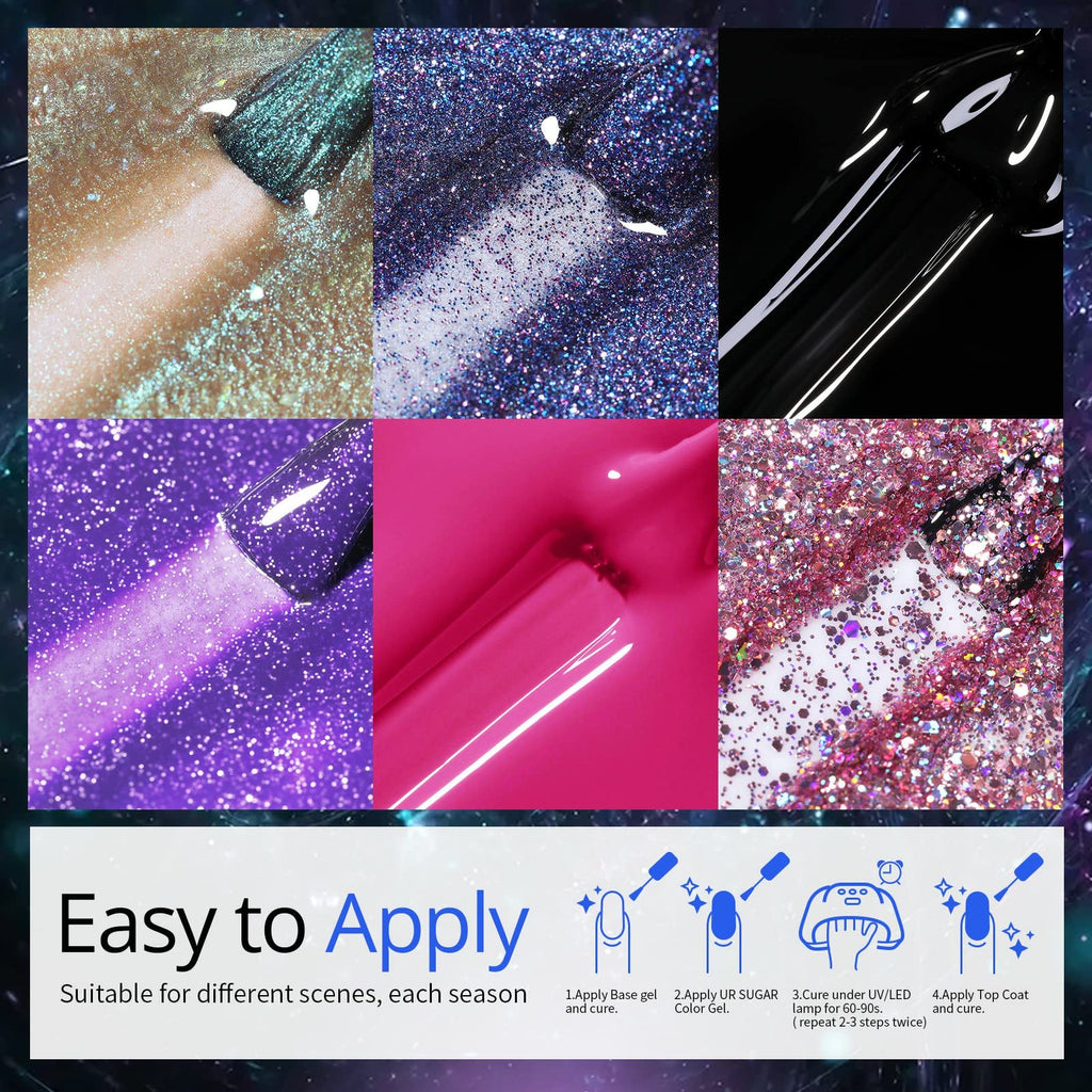 UR SUGAR Glitter Gel Nail Polish Set, 6 Colors Glitter 9D Cat Magnetic Eye Black Nail Polish Color Changing Gel Polish Kit Hot Pink Purple Gold Colors Soak Off Nails Kit Manicure Gift for Women