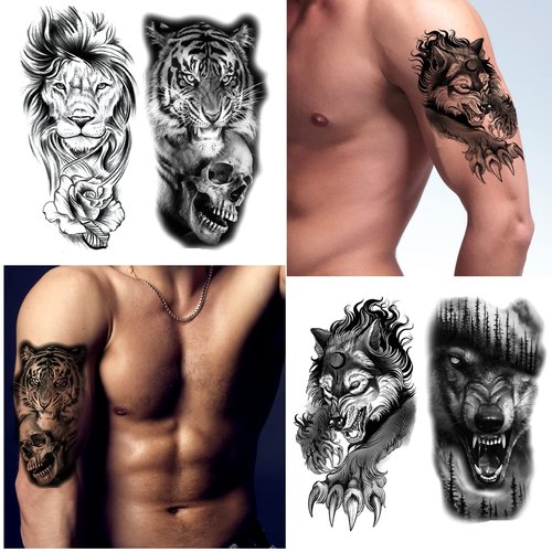 PADOUN Animal Temporary Tattoos, 15-Sheet Black Tiger Lion Wolf Totem Adult Tattoos Temporary, Fake Tattoos Men
