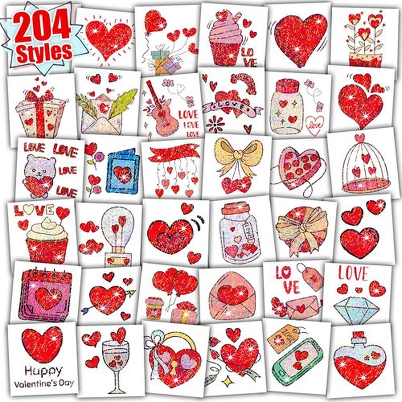Partywind 204 Glitter Styles Valentine's Day Kids Temporary Tattoos, Valentines Party Supplies Favors Goodie Bag Stuffers, Exchange Surprise for Kids Classroom Prizes (Individually Wrapped Cut)