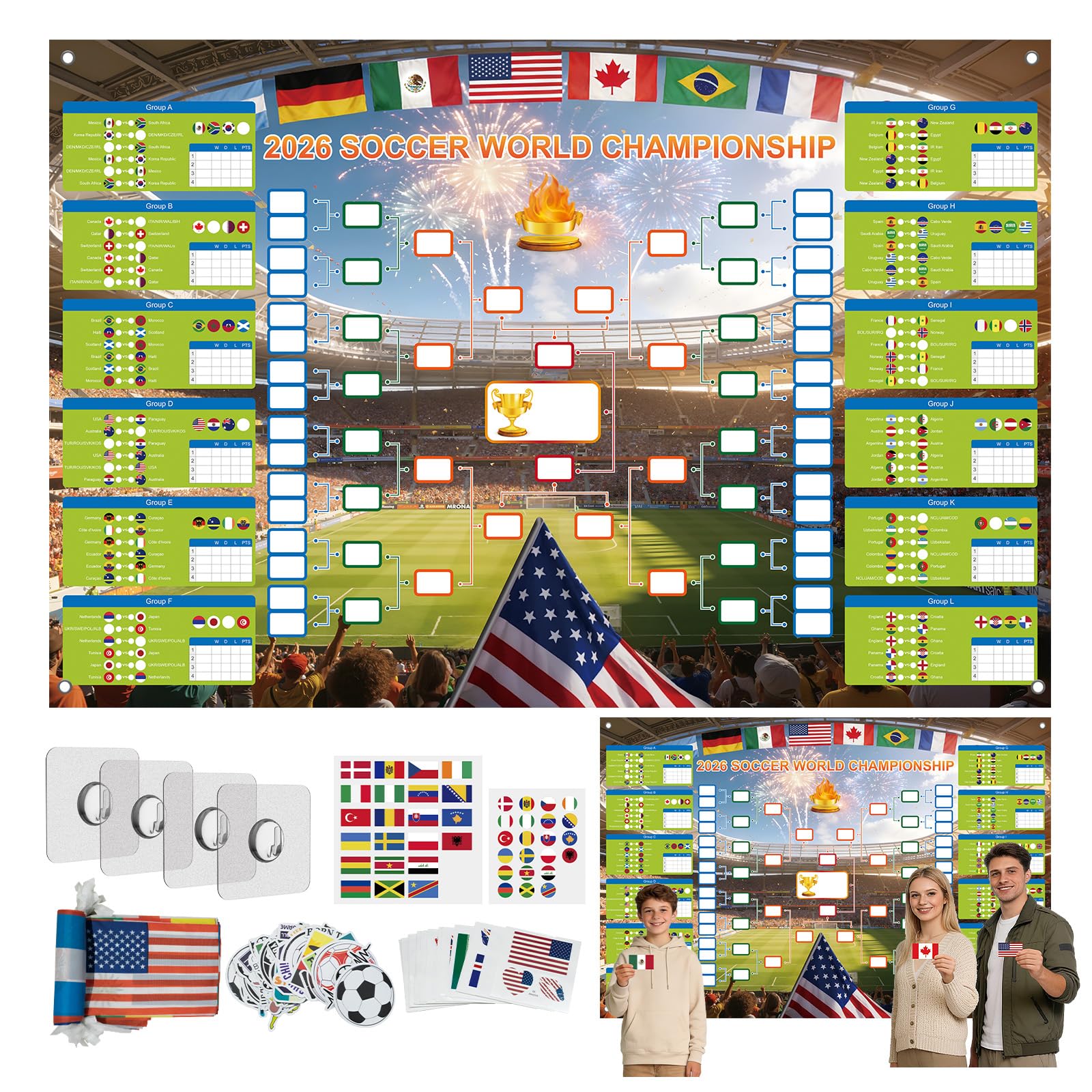 GAMSOD 2026 World Cup Schedule Poster – 39x59 Inches Tournament Bracket Wall Chart with Reusable National Flags Sticker& Hooks, DIY Predict Game Results, Great Soccer Fan Gift for Game Day Party
