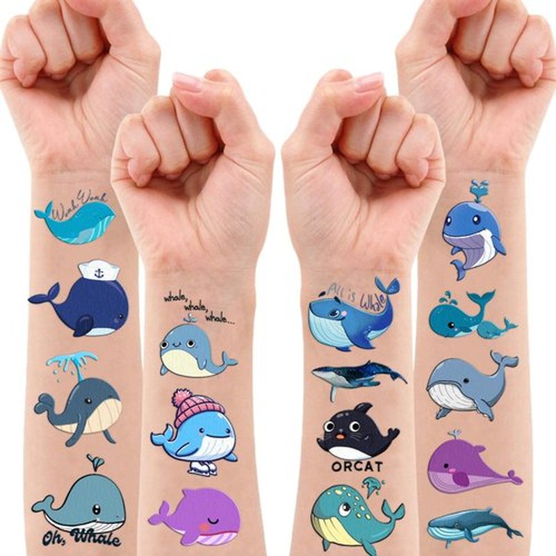 96PCS Whale Temporary Tattoos Themed Blue Ocean Cute Orca Narwhal Sea Animals Birthday Party Favors Decorations Supplies Tattoo Stickers Gifts For Boys Girls Kids School Prizes Carnival Christmas