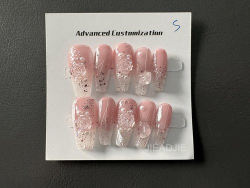 JIEADJIE Press On Nails (100% Handmade),Short-Medium T,Handmade Painted Nail Art by Nail Technician,Daily Version (pink camellia, Medium)