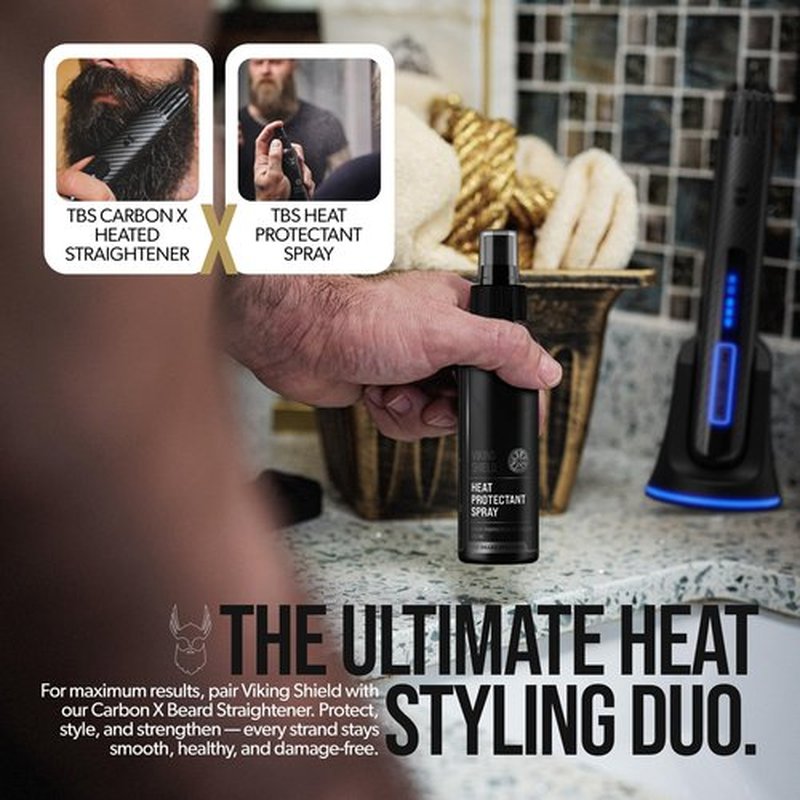Beard & Hair Heat Protectant Spray - Viking Shield Beard Spray for Men, Protects Hair from Heat Damage of Straightener and Styling - Argan Oil Thermal Protector Spray - Protect Up To 450º F - 4 Fl Oz