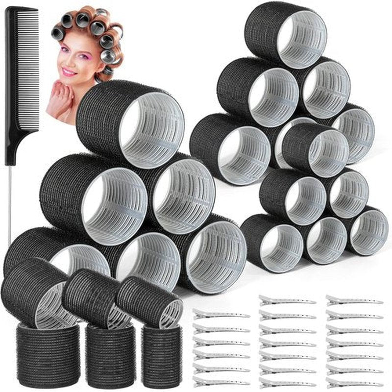 39PCS Self Grip Curlers 3 Sizes - Black 2.5in, 1.9in, 1.4in Rollers with Duckbill Clips for Long, Medium, Short, Thick, Fine Hair Volume and Bangs (Black)