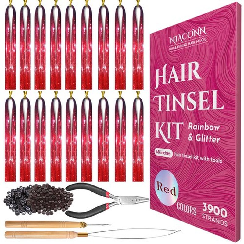 NIACONN Glitter Hair Tinsel Extensions Kit Red with Tools and Beads, 48 Inch Sparkly Fairy Colorful Tensile Strands Shiny Hair Accessories for Women Girls Kids